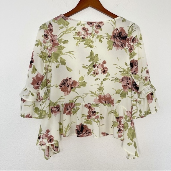 Gibson ruffled peplum 3/4 bell sleeves floral top petite small - Picture 8 of 10